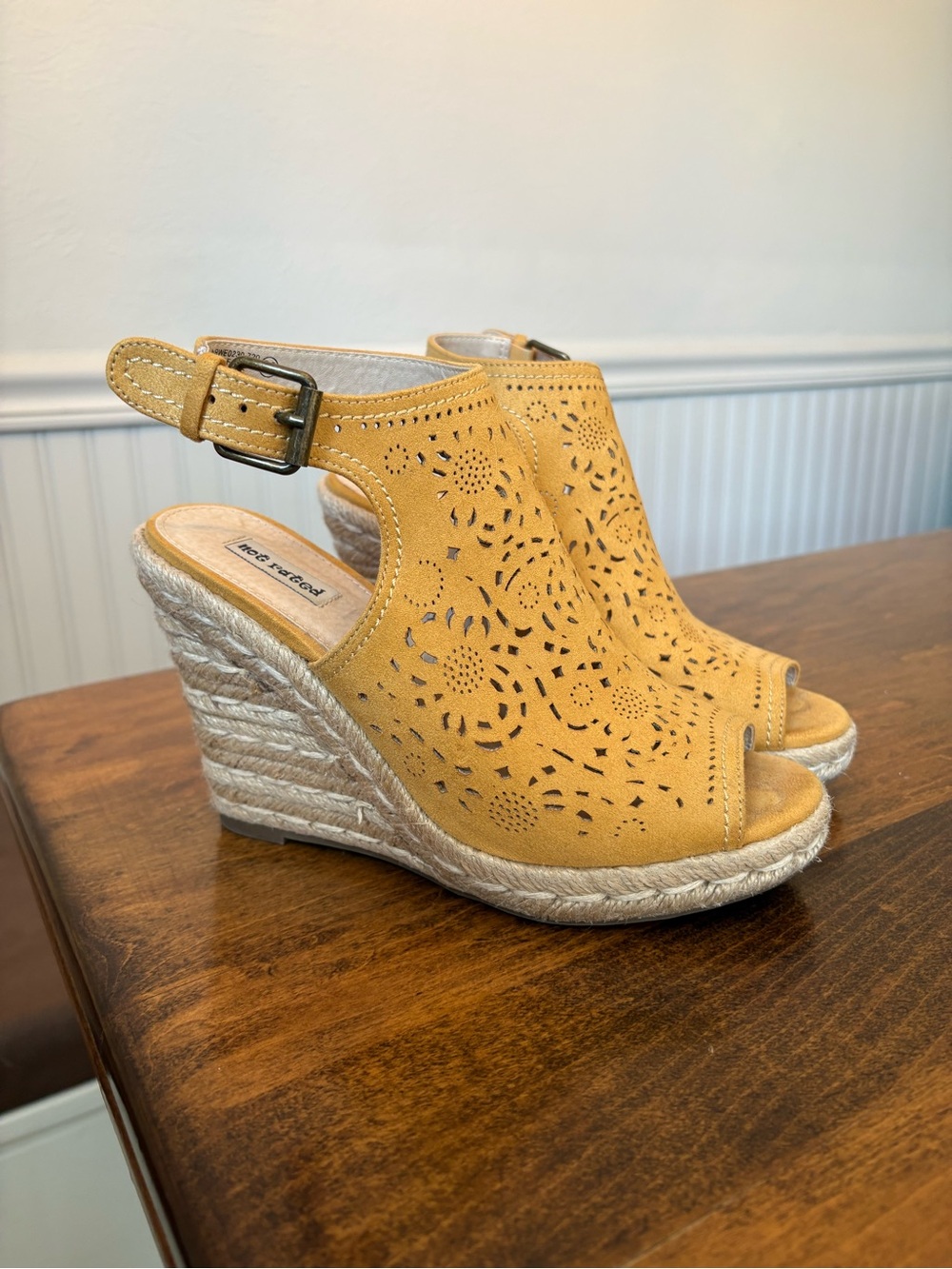 Yellow Laser-Cut Espadrille Wedge Sandals with Ankle Buckle